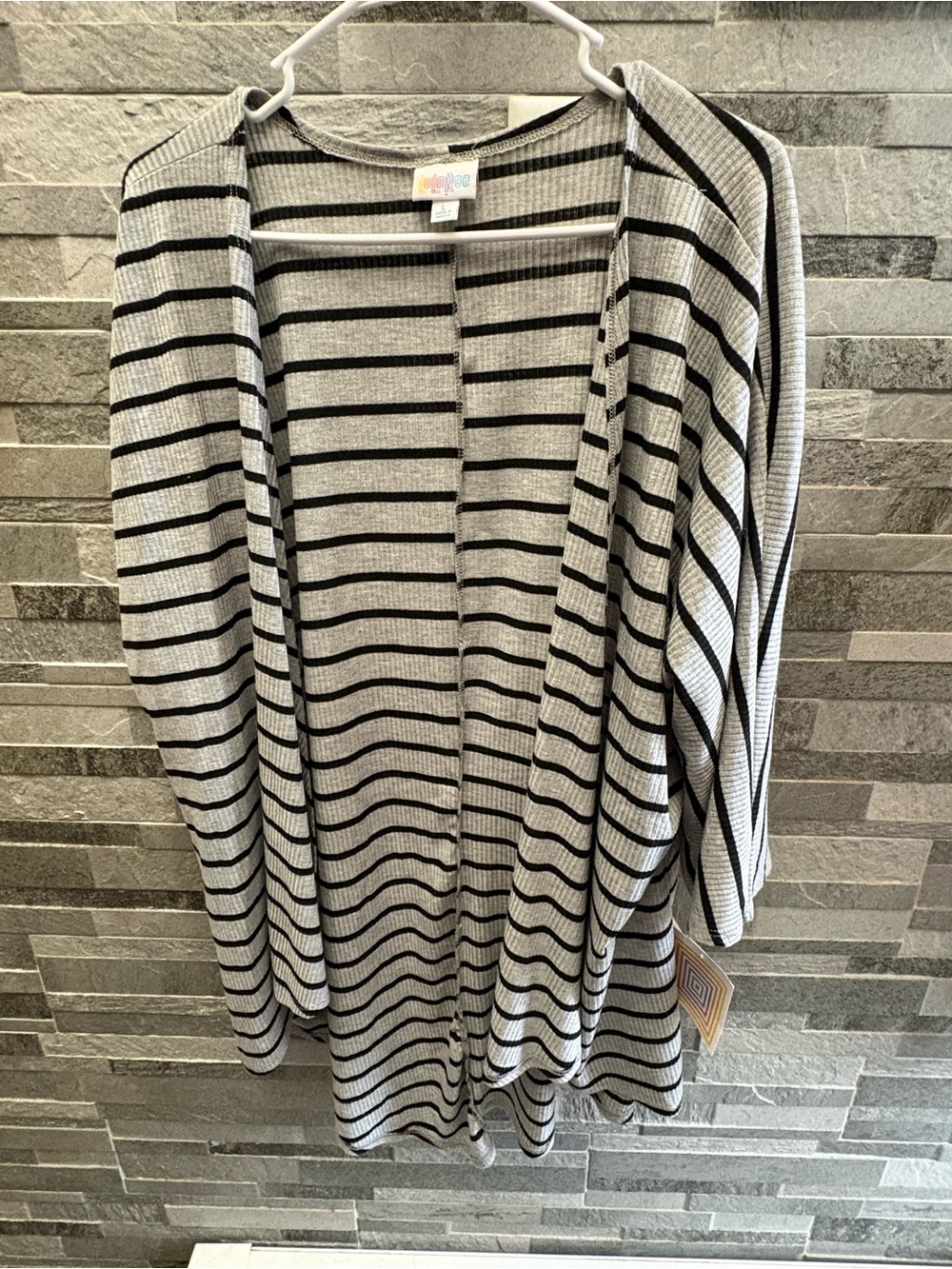 LuLaRoe Light Gray and Black Striped Open-Front Cardigan